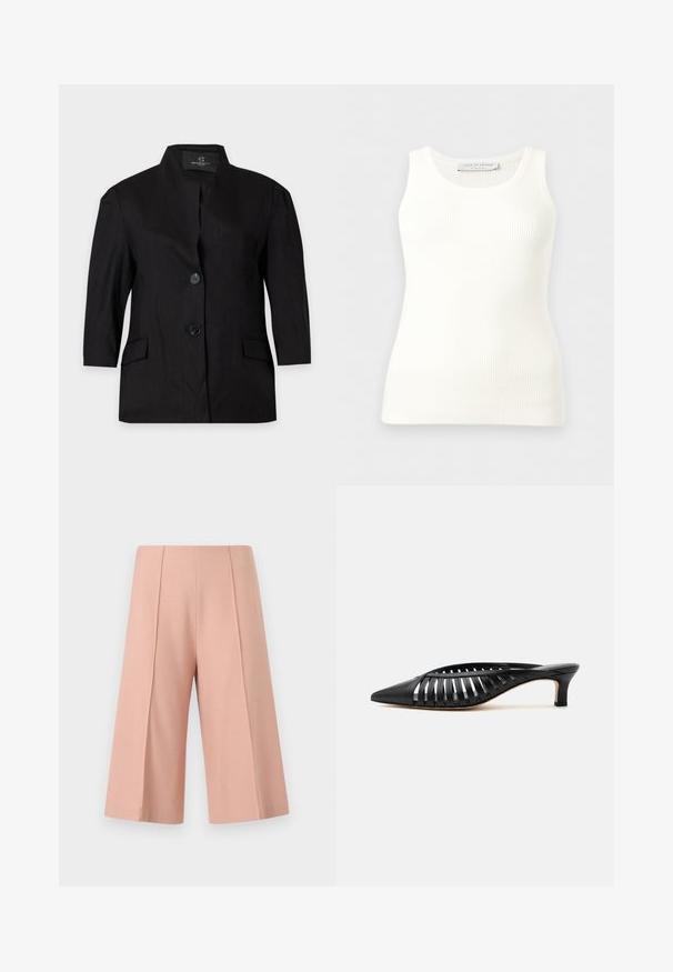 Zwarte damesblazer met twee knopen, lange mouwen, hoge kraag en voorzakken met kleppen, weergegeven op een effen lichte achtergrond.; Witte geribbelde mouwloze tanktop met ronde hals, aansluitende pasvorm en merkembleem aan de binnenkant van de achterkant van de kraag.; AERON PEN - Shorts - mottled pink; Zwarte leren mule met puntige neus, riemdesign met uitsnijdingen en lage kittenhiel op een witte achtergrond.