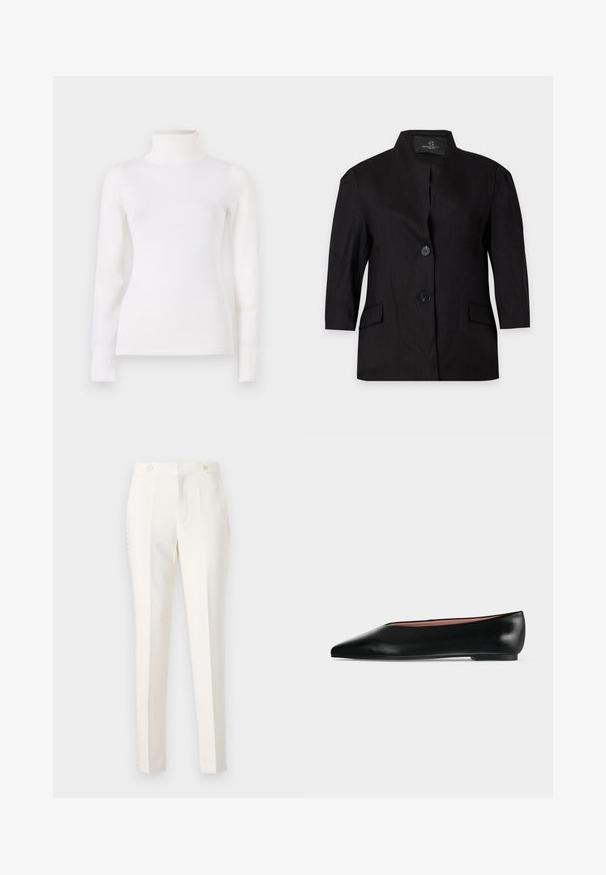 Blazer noir pour femme avec deux boutons, manches longues, col montant et poches à rabat devant, présenté sur un fond clair uni.; Pull en col roulé blanc, taille ajustée, manches longues, texture douce, tissu lisse, detailing minimal, poignets et col côtelés.; Pantalon blanc ajusté avec une coupe slim, doté de deux poches avant, d'une fermeture à double bouton et de détails latéraux subtils. Texture lisse.; Chaussure plate en cuir noir pour femme, avec bout pointu et petit talon, vue de côté sur un fond gris clair uni.