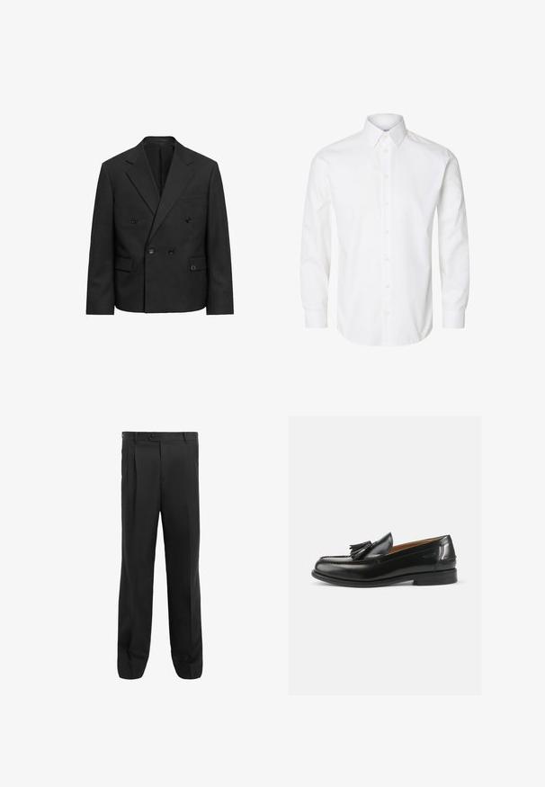 Blazer noir à double boutonnage avec revers à encoche, quatre boutons, deux poches à rabat et une poche poitrine passepoilée, présenté sur un fond blanc.; Chemise blanche à manches longues avec boutons, col pointu, boutons visibles sur le devant et poignets fermés par des boutons.; Pantalons noirs au design droit, avec des plis, une fermeture à un bouton et des passants de ceinture. Fabriqués en tissu lisse.; Mocassins en cuir noir avec un accent de gland, un bout arrondi et une finition lisse. La semelle est plate avec un motif de trottoir minimal.