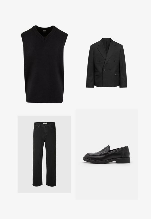 Blazer noir à double boutonnage avec revers à encoche, quatre boutons, deux poches à rabat et une poche poitrine passepoilée, présenté sur un fond blanc.; Pull noir sans manches avec un col en V, fabriqué dans un matériau doux, présentant un col et un ourlet inférieur côtelés. Design simple et classique.; Des jeans en denim noir à coupe droite disposent d'un design classique à cinq poches avec fermeture à bouton, de coutures minimales et d'une texture douce.; Mocassins en cuir noir avec un bout arrondi, des coutures ton sur ton et un détail de sangle à l'avant. Semelle en caoutchouc avec un petit talon.
