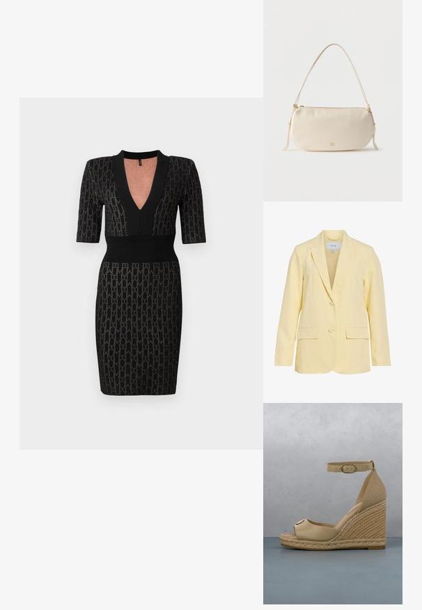 Hellgelber, taillierter Blazer mit zwei Knöpfen, Kerbkragen, langen Ärmeln und zwei vorderen Pattentaschen.; Schwarzes Strickkleid mit tiefem V-Ausschnitt, kurzen Ärmeln und tailliertem Oberteil. Verfügt über ein strukturiertes Muster und gerippte Akzente am Ausschnitt und der Taille.; Beige Keilsandale mit Knöchelriemen und goldener Schnalle, mit geflochtenem Seilabsatz und gebrandetem Emblem am Zehenriemen, präsentiert auf rustikalem Fliesenboden.; Klein cremefarbene Schultertasche mit einem einzelnen Riemen, Reißverschluss und dezentem goldfarbenem Markenlogo auf der Vorderseite.