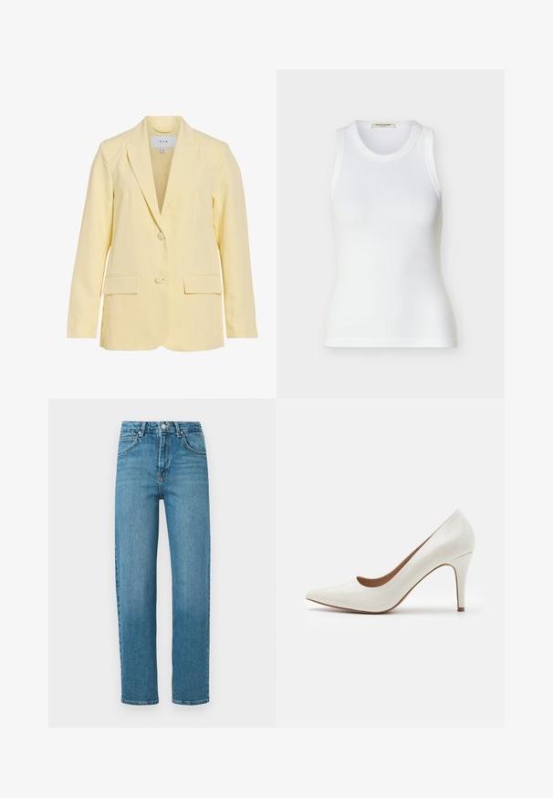 Lysegul skræddersyet blazer med to knapper, notch revers, lange ærmer og to forlommer med klap.; Hvid ribbet ærmeløs tanktop med rund halsudskæring, tætsiddende pasform og Scotch & Soda mærke indeni kraven.; Blå denimjeans med lige ben, forlommer, bæltestropper, knaplukning og lynlås foran på hvid baggrund.; Hvide patentlæder højhælede sko med spids tå og en glat overflade, der har en slank hæl og en lav skæring omkring åbningen.