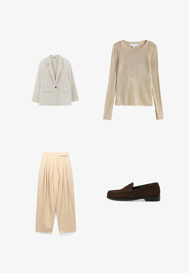 Beige blazer met enkele knoop, inkeping revers en twee voorvakken met klep, gemaakt van gestructureerde stof.; Beige geribbelde lange mouw gebreide trui met ronde hals en slim fit, plat weergegeven met label zichtbaar bij de kraag.; Beige, broek met hoge taille en wijde pijpen, voorzien van plooien aan de voorkant en zijzakken, gemaakt van lichtgewicht stof.; Bruine suède instapschoenen met een gestikt moccasin-neus, platte zwarte rubberen zool en een decoratieve bovenband en detail.