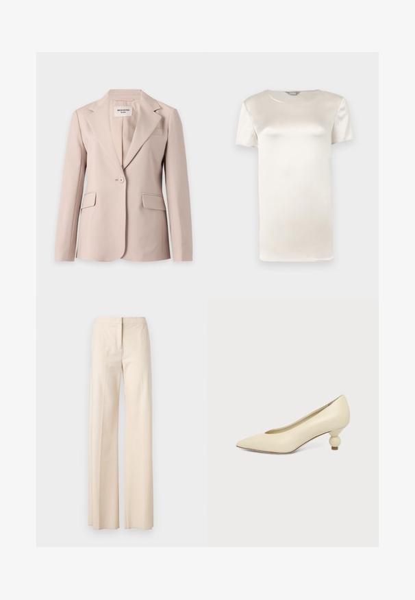 Blazer beige pour femme à un bouton unique, avec revers crantés et deux poches avant à rabat, suspendu sur un fond blanc.; Blouse en satin ivoire à manches courtes, avec un col rond et une finition de tissu lisse et brillante.; Pantalon beige à jambes larges avec une texture lisse, design ajusté et fermeture avant dissimulée. Pas de poches visibles ni d'ornements.; Chaussure femme couleur crème à bout pointu avec un petit talon rond en forme de boule, sur fond uni.