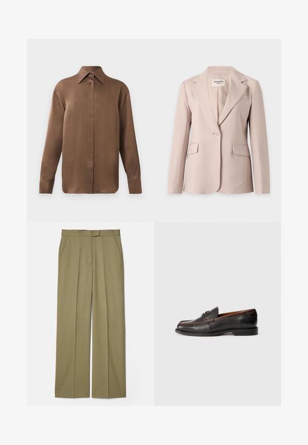 Beige damesingle-knap blazer med notch revers og to forlommer med klapper hængende mod en hvid baggrund.; Brun langærmet skjorte med knapper, spids krave og manchetter, vist mod en simpel hvid baggrund.; Kaki plisserede bukser med lige ben, lavet af struktureret stof, med to sidelommer og en glat talje.; Sorte læder loafers med en glat overflade, rund tå og stikninger. Har en lav hæl og minimalistisk design.