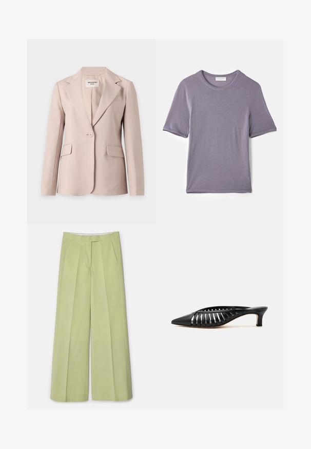 Beige damesingle-knap blazer med notch revers og to forlommer med klapper hængende mod en hvid baggrund.; Lilla kortærmet t-shirt lavet af blødt stof, med en rund hals og en lige kant, med en glat tekstur og uden synlige mønstre.; Lys grønne brede bukser i glat stof, med frontfolder, to sidelommer og lige snit.; Sort læder mule med spids snude, stropdetalje og lav kittenhælk på hvid baggrund.