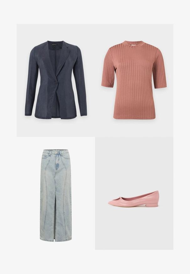 Mørk navy blazer med enkeltknap, lange ærmer, hakkrave og et let struktureret stof.; Ribbet støvet rosenfarvet kortærmet top med falsk hals, tætsiddende silhuet og vertikal strikket struktur.; Lyseblå denimskørt med en lige silhuet, der har en frontslids, bælteløkker og detaljeret syninger langs sømmene.; Lyserød laklæderballerina med spids tå, der har en lille sløjfedetalje på vampen og en lav, firkantet hæl.