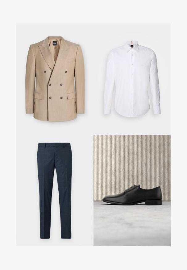 Blazer beige croisé avec revers crantés, six boutons, deux poches à rabat et une poche poitrine passepoilée, étiquette BOSS ONE à l’intérieur du col.; Chemise blanche à manches longues et à boutons en coton, avec un col classique, un logo discret près de la poitrine et des boutons blancs.; Pantalon bleu marine en tissu texturé avec un motif à carreaux subtil. Coupe ajustée avec un devant plat et des poches latérales.; Chaussure habillée en cuir noir au design épuré, à bout arrondi, avec cinq œillets pour les lacets et un petit talon rehaussé. Détail du logo embossé subtil.