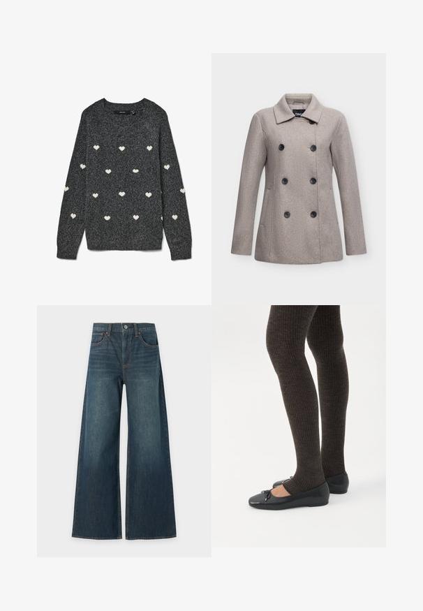Manteau en laine gris clair, croisé, avec six boutons noirs, manches longues, col et poches latérales, présenté sur un fond uni.; Pull gris à col rond et manches longues, avec un motif répété de petits cœurs blancs sur toute la surface. Tissu à la texture douce.; Jean en denim bleu à jambes larges avec cinq poches, fermeture par bouton et coutures marron visibles, présenté à plat sur fond blanc.; Jambes portant des leggings côtelés foncés associés à des ballerines noires avec de petits détails en nœud sur fond blanc.
