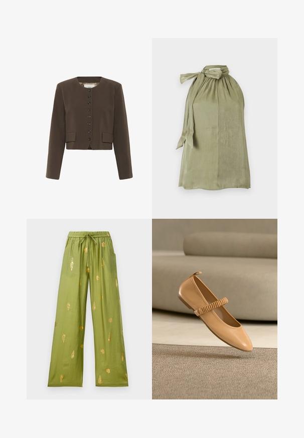 Blazer marron court avec un col rond, fermeture à six boutons et deux poches avant. Fabriqué en tissu texturé avec une doublure lisse.; Haut sans manches vert olive clair avec encolure froncée, nœud noué sur un côté et tissu ample et fluide.; Pantalons larges olive avec taille élastique et cordon de serrage, décorés de motifs en or de coquillages et de conques.; Chaussure Mary Jane plate marron clair avec bride froncée flottant au-dessus d'un tapis beige devant un canapé assorti.