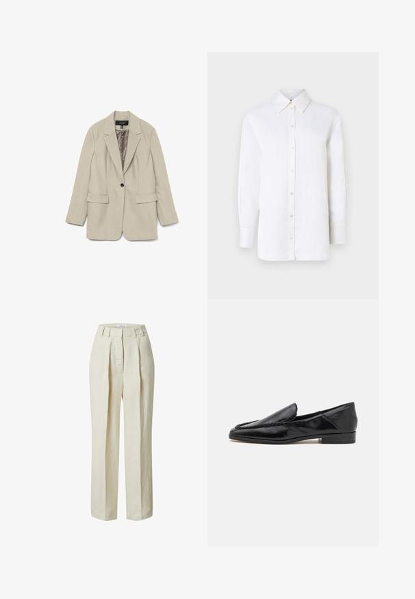 Beiger Ein-Knopf-Blazer mit Revers, zwei vorderen Pattentaschen und glattem, satinähnlichem Innenfutter, präsentiert vor weißem Hintergrund.; Weißes Leinen-Hemd mit Knopfleiste, spitzem Kragen, langen Ärmeln und Knopfverschlüssen. Verfügt über einen lässigen Schnitt und eine glatte Textur.; Hochtaillierte, crèmefarbene Hose mit Falten, lockerem Schnitt und Gürtelschlaufen. Hergestellt aus leichtem Stoff mit glatter Textur.; Schwarze Lederloafers mit glatter Oberfläche, die ein gesticktes Design entlang der vorderen Kante und einen niedrigen, quadratischen Absatz aufweisen.