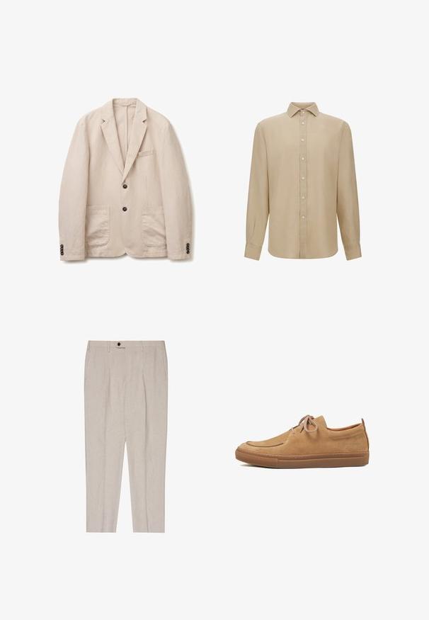 Beige ribfluwelen blazer met twee zwarte knopen, notched revers, twee opgestikte voorzakken en knoopmanchetten.; Beige, langemouwen blouse van lichtgewicht stof. Voorzien van een knoopsluiting aan de voorkant, een uitgesproken kraag en manchetten. Glad van textuur.; Beige op maat gemaakte herensbroek met voorplooien, zijzakken, riemlussen en een donkere knoopsluiting aan de tailleband.; Casual schoenen van suède in tan met een ronde neus, vetersluiting en een rubberen zool. Voorzien van stikdetails en een klein logo aan de zijkant.