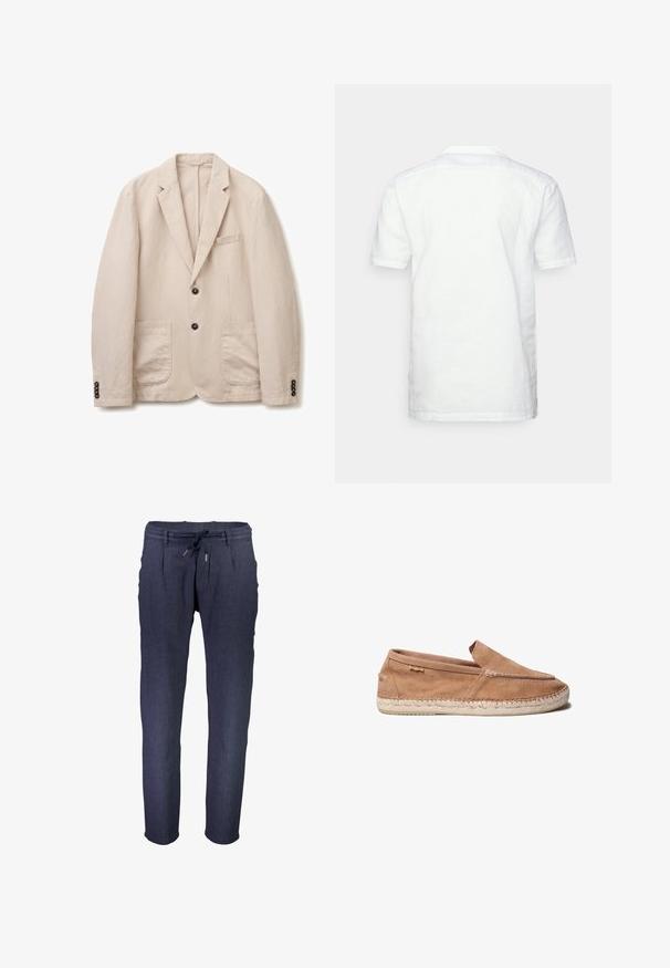 Blazer de pana beige con dos botones negros, solapas con muesca, dos bolsillos de parche delanteros y puños con botones.; Camisa blanca de manga corta hecha de lino, con cuello plano, costuras visibles y corte recto, mostrada desde la parte posterior.; Pantalones tapered de color azul marino, hechos de una tela texturizada, con una cinturilla elástica y cordón ajustable, además de bolsillos laterales.; Alpargata de ante marrón claro, tipo slip-on, con suela de yute trenzado y costuras visibles a lo largo de los bordes superior y de la suela, vista lateral sobre fondo blanco.