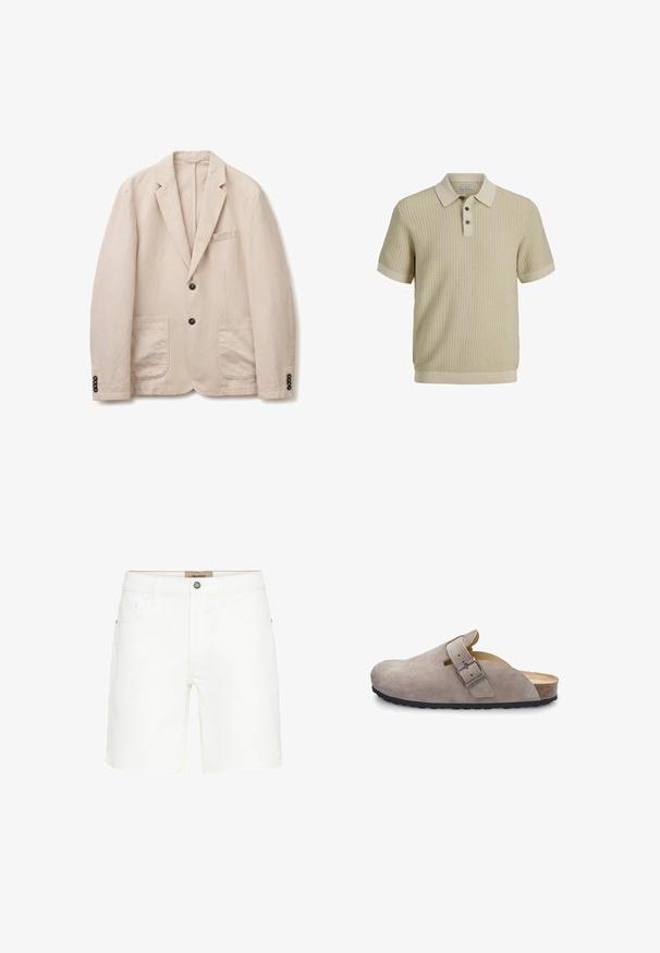 Blazer de pana beige con dos botones negros, solapas con muesca, dos bolsillos de parche delanteros y puños con botones.; Polo de punto beige de manga corta con patrón texturizado, tres botones oscuros, cuello, puños y bajo acanalados.; Pantalones cortos de mezclilla blanca con un diseño clásico de cinco bolsillos, cierre de botón metálico y detalles de costura en contraste. Textura suave y corte recto.; Bata Sandalias planas - beige