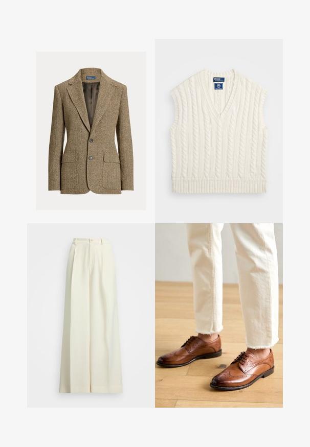 Brun uldblazer med fiskebenmønster, krave med revers, to forreste knapper, klaplommer og mørk satinfor.; Cremefarvet kabelstrikket ærmeløs sweater med V-udskæring og ribbet kant. Har et tekstureret mønster og et logomærkat på udskæringen.; Bredde benbukser i off-white stof, med høj talje, dobbelte plisseringer og knaplukning. Glat tekstur og skræddersyet design.; Brune læder brogue sko med perforerede detaljer, rund tå og en glat overflade, parret med cremede bukser med frynset kant.