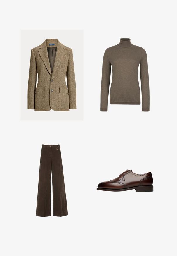 Brauner Wollblazer im Fischgrätenmuster mit Reverskragen, zwei vorderen Knöpfen, Klappentaschen und dunklem Satinfutter.; Brauner Langarm-Pullover mit Rollkragen, Rippenmuster an Kragen, Bündchen und Saum, auf weißem Hintergrund dargestellt.; Braune weit geschnittene Cordhosen mit hoher Taille, versehen mit einem goldenen Knopf und einem dekorativen Ringdetail. Texturiert, weicher Stoff mit vertikalen Streifen.; Braune Leder-Dressschuhe mit Brogue-Details, runder Zehenform und fünf Ösen für die Schnürung, die auf einer flachen, strukturierten Laufsohle ruhen.