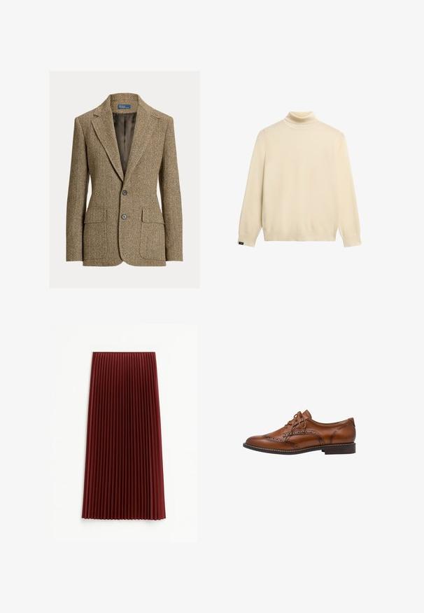 Blazer marrón de lana con espiga, cuello con solapa, dos botones delanteros, bolsillos con solapa y forro de satén oscuro.; Suéter de cuello alto color crema, hecho de un suave tejido de punto. Presenta mangas largas, puños y bajo acanalados, con un pequeño logotipo en el frontal.; Falda midi plisada en rojo profundo, con un tejido texturizado y pliegues verticales uniformemente espaciados. El dobladillo llega aproximadamente a la mitad de la pantorrilla.; Zapato Oxford brogue de cuero marrón con detalles de ala, perforaciones, cordones y tacón bajo apilado sobre fondo blanco.