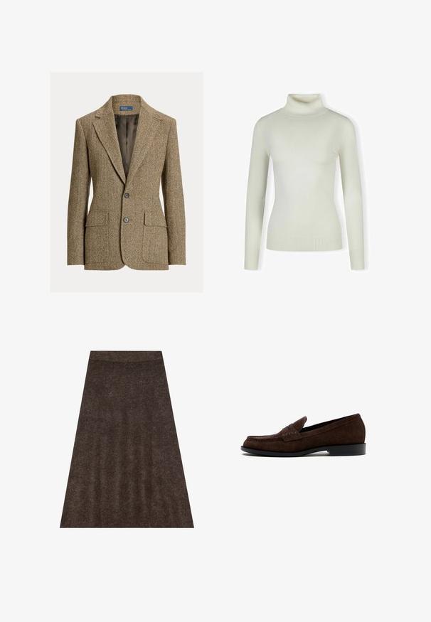 Blazer en laine marron motif chevrons avec col à revers, deux boutons devant, poches à rabat et doublure en satin foncé.; Pull col roulé crème clair en matériau doux et côtelé ; design ajusté avec des manches longues et un ourlet texturé. Pas de motifs ni d'accents.; Jupe en tricot marron avec une conception évasée, une taille élastique et une texture subtile. Le tissu semble doux et chaud.; Mocassin pour homme en daim marron foncé avec un petit talon et une couture style mocassin, présenté de profil sur un fond blanc.