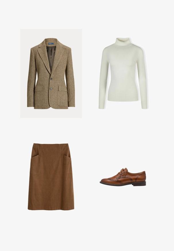 Bruine wollen blazer met visgraatmotief, reverskraag, twee voorste knopen, klepzakken en een donkere satijnen voering.; Lichtkleurige coltrui van zacht, ribbelstof; aansluitend ontwerp met lange mouwen en een gestructureerde zoom. Geen patronen of accenten.; Bruine katoen rok met een aansluitende taille, twee zijzakken en een rechte snit. De stof heeft een zachte textuur en een subtiele glans.; Bruine leren brogue oxford schoen met wingtip-details, perforaties, veters en lage gestapelde hak op een witte achtergrond.