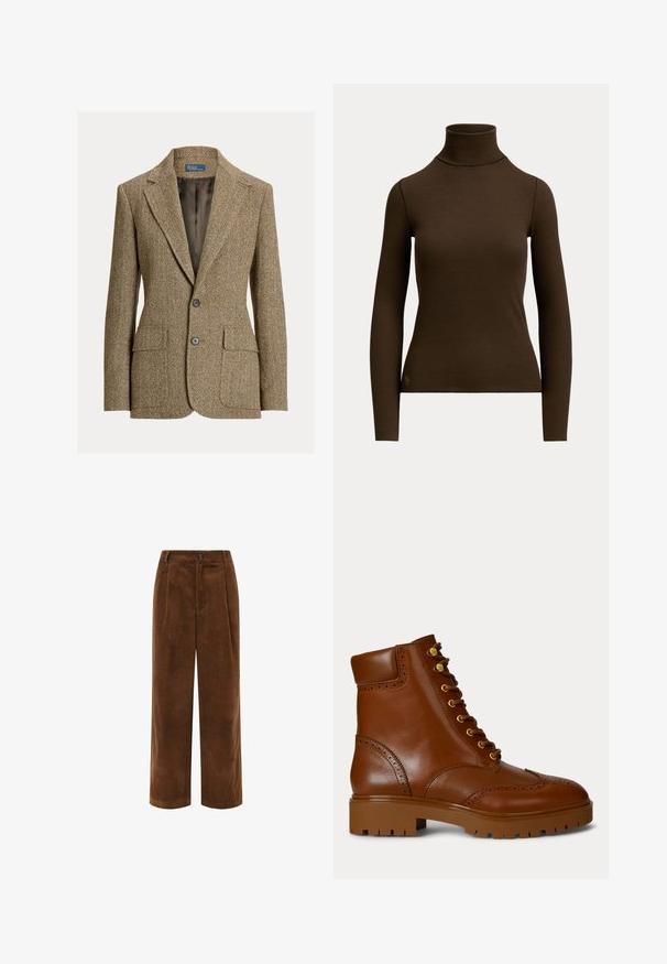 Blazer en laine marron motif chevrons avec col à revers, deux boutons devant, poches à rabat et doublure en satin foncé.; Pull col roulé côtelé marron foncé à manches longues avec silhouette ajustée et petit logo près de l'ourlet inférieur sur le devant à gauche.; Pantalons en velours côtelé brun à jambes larges avec une surface texturée, un devant plissé et une fermeture éclair. Présente une petite étiquette de marque sur la taille.; Bottes en cuir marron à la cheville avec un bout rond, œillets en or et détails en brogue. Semelle en caoutchouc marron épaisse avec un profil texturé.