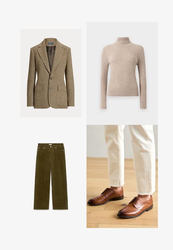 Blazer en laine marron motif chevrons avec col à revers, deux boutons devant, poches à rabat et doublure en satin foncé.; Pull à col roulé beige à manches longues avec des côtes, présenté sur un fond blanc uni.; Pantalon en velours côtelé vert olive avec jambes droites, poches avant, passants pour ceinture et fermeture par bouton sur fond blanc.; Chaussures brogues en cuir marron avec des détails perforés, bout arrondi et finition lisse, associées à un pantalon crème à ourlet effiloché.