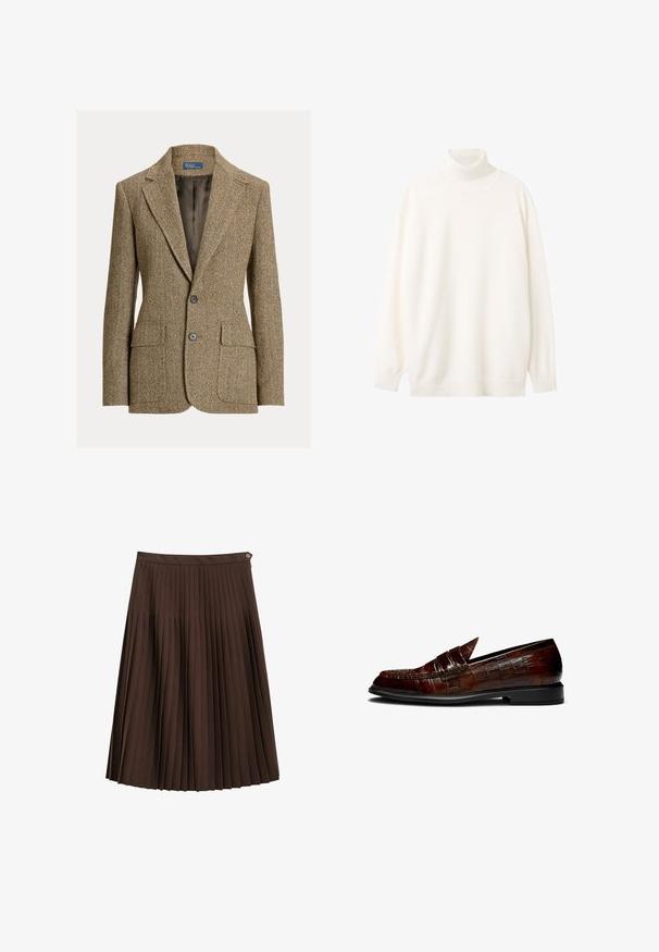 Blazer en laine marron motif chevrons avec col à revers, deux boutons devant, poches à rabat et doublure en satin foncé.; Pull col roulé en tissu blanc doux, avec col et poignets côtelés, coupe décontractée, manches longues et ourlet droit.; Jupe plissée marron foncé, longueur genou, avec une ceinture et un petit bouton en métal sur le côté, sur fond blanc.; Mocassins en cuir marron avec une texture crocodile, présentant un talon bas et un design à bout pointu. Coutures d'accent le long des bords.