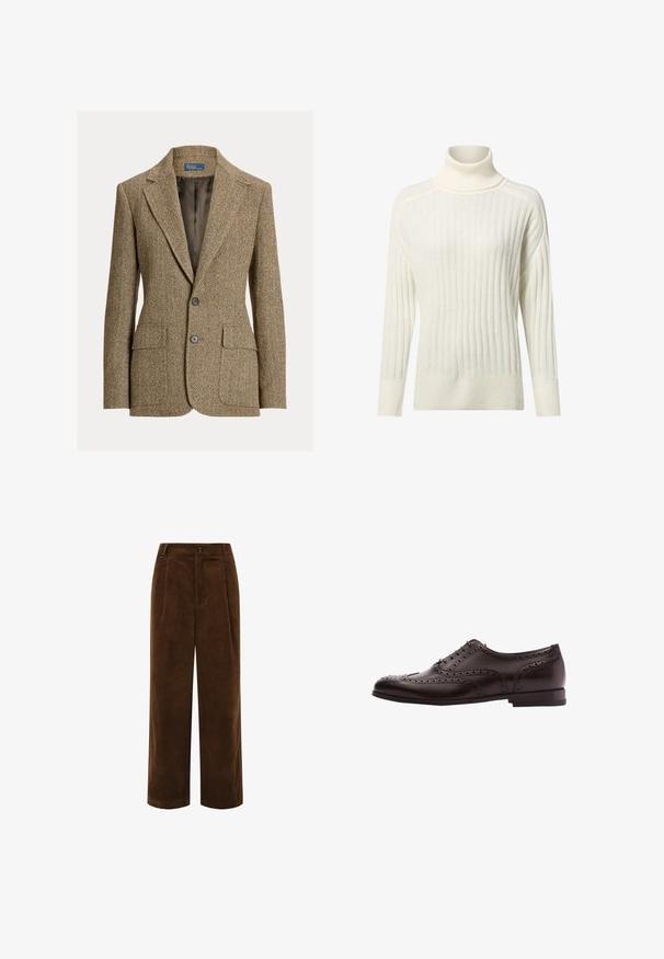 Blazer en laine marron motif chevrons avec col à revers, deux boutons devant, poches à rabat et doublure en satin foncé.; Pull à col roulé de couleur crème avec une texture côtelée, des manches longues et une coupe décontractée, présentant une légère variation de couleur.; Pantalon large en velours côtelé marron avec fermeture à boutons sur le devant, poches latérales et taille haute.; Chaussure habillée en cuir marron avec des détails de brogue, fermeture à lacets, bout arrondi et un petit talon empilé. Fini poli et perforations complexes.
