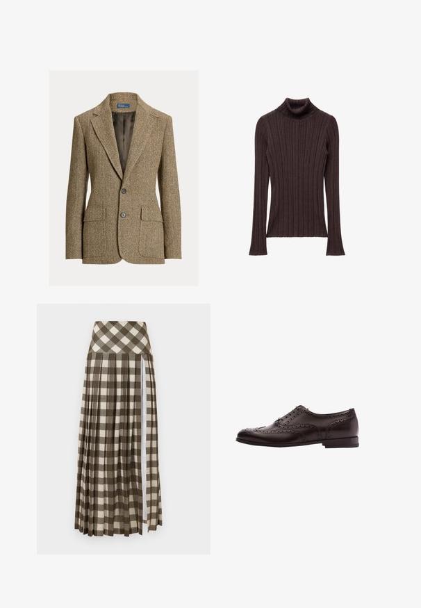 Bruine wollen blazer met visgraatmotief, reverskraag, twee voorste knopen, klepzakken en een donkere satijnen voering.; Donkerbruine geribde coltrui met een nauwsluitende kraag en lange mouwen, met een textuurstof en een rechte zoom.; Lange, geplooide rok met een bruin en beige geruit patroon. Hoge taille ontwerp met een zijsplits en een zachte stofstructuur.; Bruine leren schoenen met brogue-details, vetersluiting, ronde neus en een lage gestapelde hak. Gepolijste afwerking en ingewikkelde perforaties.