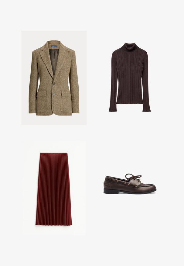 Blazer marrón de lana con espiga, cuello con solapa, dos botones delanteros, bolsillos con solapa y forro de satén oscuro.; Suéter de cuello alto de canalé marrón oscuro con un cuello ajustado y mangas largas, que presenta una tela texturizada y un dobladillo recto.; Falda midi plisada en rojo profundo, con un tejido texturizado y pliegues verticales uniformemente espaciados. El dobladillo llega aproximadamente a la mitad de la pantorrilla.; Zapato náutico para hombre de cuero marrón oscuro con costura moc toe, cordones en la parte delantera y tacón bajo negro sobre fondo blanco.