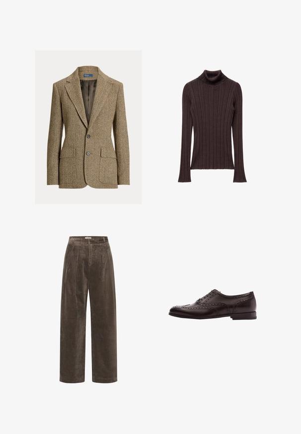 Brun uldblazer med fiskebenmønster, krave med revers, to forreste knapper, klaplommer og mørk satinfor.; Mørkebrun ribbet turtleneck sweater med en tæt siddende krave og lange ærmer, der har en struktureret tekstil og lige kant.; Brune corduroy brede benbukser med folder, der har en blød tekstur og en mellemhøj talje. Kantafslutningerne er rene og lige.; Brune læder dress sko med brogue-detaljer, snørebånds lukning, rund tå og en lav stablet hæl. Poleret finish og indviklede perforeringer.