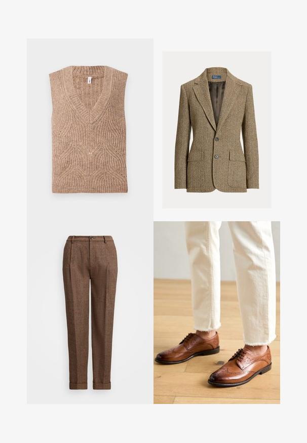 Blazer en laine marron motif chevrons avec col à revers, deux boutons devant, poches à rabat et doublure en satin foncé.; Gilet en tricot sans manches beige avec un col en V, présentant un motif texturé et des bords côtelés, fabriqué à partir d'un matériau en laine douce.; Pantalons à carreaux marron avec une coupe ajustée, présentant des plis, une fermeture à bouton et des ourlets retroussés. Tissu texturé avec des accents orange.; Chaussures brogues en cuir marron avec des détails perforés, bout arrondi et finition lisse, associées à un pantalon crème à ourlet effiloché.