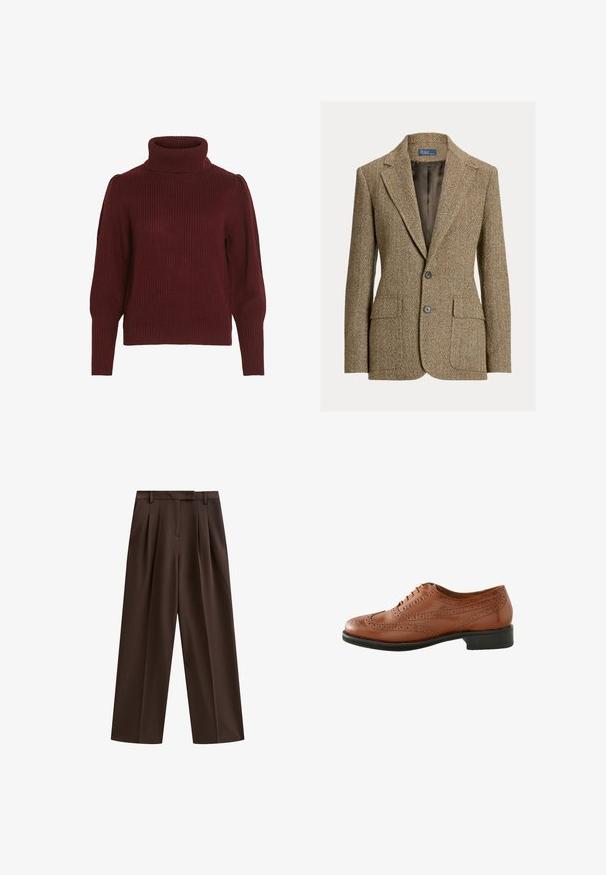 Blazer marrón de lana con espiga, cuello con solapa, dos botones delanteros, bolsillos con solapa y forro de satén oscuro.; Suéter de punto burdeos con cuello alto, textura acanalada, mangas largas y detalles fruncidos en los hombros.; Pantalones marrones de pierna ancha con pliegues, banda plana en la cintura y trabillas para cinturón; textura suave y diseño a medida. Ideales para un uso casual o formal.; Zapato de brogue de piel marrón con detalles perforados, punta redondeada y un tacón bajo negro. Diseñado con un cierre clásico de cordones.