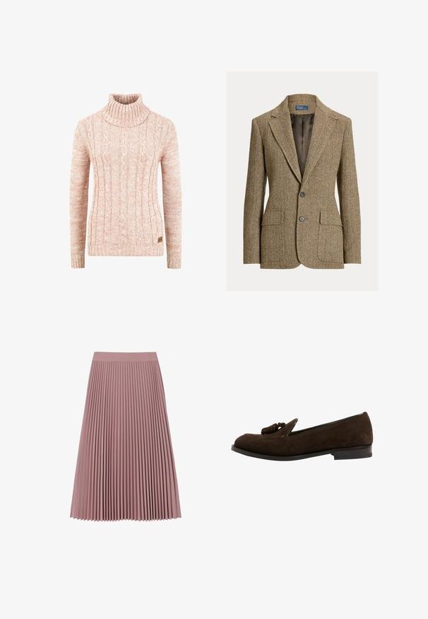 Blazer en laine marron motif chevrons avec col à revers, deux boutons devant, poches à rabat et doublure en satin foncé.; Pull en col roulé tricoté en doux pêche avec un motif en relief de câble, des manches longues et une étiquette de marque tissée sur l'ourlet.; Jupe plissée en tissu rose doux, dotée d'une taille ajustée et de plis verticaux s'étendant jusqu'à une longueur midi, texture lisse et sans matériel visible.; Mocassins en daim brun avec un léger talon, présentant un bout pointu, un gland décoratif et des surpiqûres contrastées le long du bord supérieur.