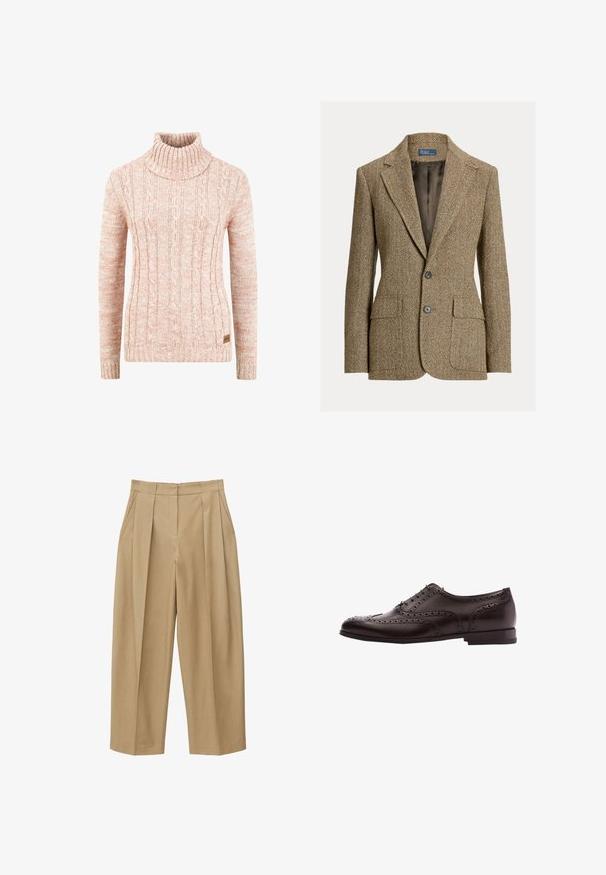 Blazer en laine marron motif chevrons avec col à revers, deux boutons devant, poches à rabat et doublure en satin foncé.; Pull en col roulé tricoté en doux pêche avec un motif en relief de câble, des manches longues et une étiquette de marque tissée sur l'ourlet.; Pantalon beige taille haute à jambes larges avec plis sur le devant, poches latérales et ceinture ajustée avec passants pour ceinture.; Chaussure habillée en cuir marron avec des détails de brogue, fermeture à lacets, bout arrondi et un petit talon empilé. Fini poli et perforations complexes.