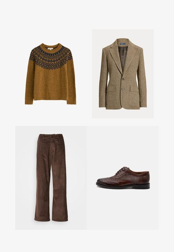 Blazer en laine marron motif chevrons avec col à revers, deux boutons devant, poches à rabat et doublure en satin foncé.; Pull en tricot marron doré avec une encolure en motif bleu marine. Il dispose d'un col rond et de manches longues, fabriqué dans un matériau texturé.; Pantalons en velours côtelé marron avec une coupe ample, présentant des côtes verticales et une ceinture. Le tissu a une apparence douce et texturée.; Chaussure habillée homme à bout golf en cuir marron avec détails brogue et panneaux latéraux en tissu à carreaux, vue de côté sur fond blanc.