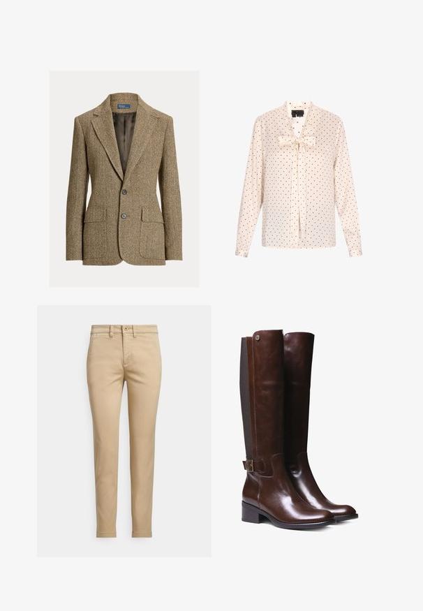 Blazer en laine marron motif chevrons avec col à revers, deux boutons devant, poches à rabat et doublure en satin foncé.; Blouse crème avec des pois noirs, à manches longues et un détail en nœud au cou. Tissu doux avec une texture lisse.; Chinos en coton beige avec une coupe droite, dotés d'une fermeture à bouton, de poches avant et de détails cousus le long des coutures.; Bottes haute en cuir marron avec finition lisse, panneau en tissu contrastant, détail de boucle à la cheville et petit talon carré.