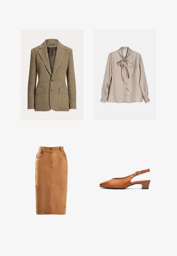 Blazer marrón de lana con espiga, cuello con solapa, dos botones delanteros, bolsillos con solapa y forro de satén oscuro.; Blusa blanca de manga larga con patrón de cuadros marrones y un gran lazo atado en el escote, exhibida sobre una superficie plana.; Falda lápiz de ante marrón con cintura alta, cierre de botones en el frente, dos bolsillos laterales y detalles de costura vertical. Textura suave.; Zapato slingback de cuero color coñac con punta afilada, correa ajustable con hebilla plateada y tacón bajo de madera. Textura suave y diseño minimalista.