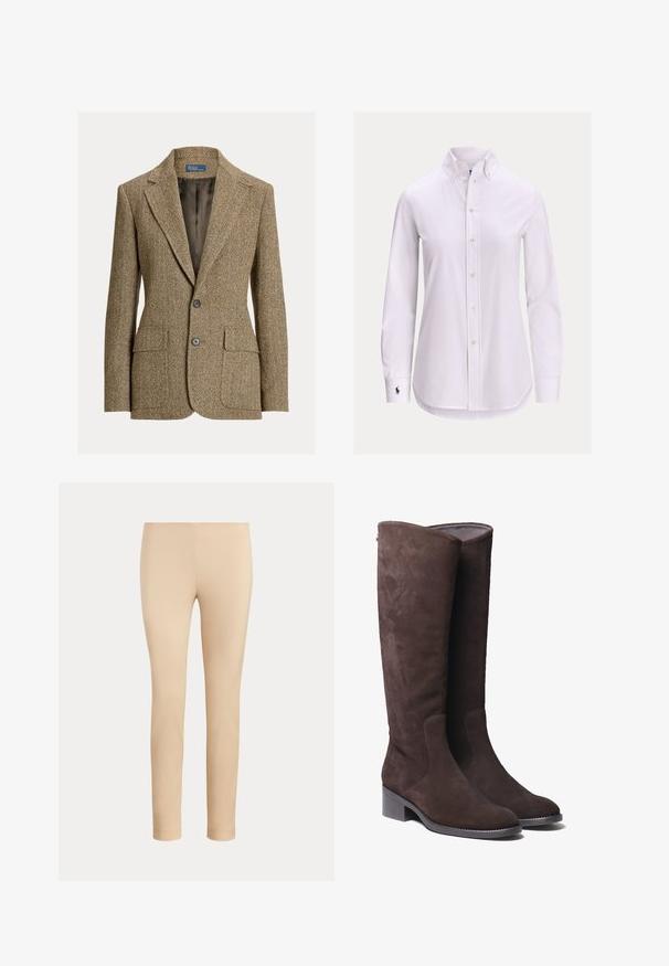 Blazer en laine marron motif chevrons avec col à revers, deux boutons devant, poches à rabat et doublure en satin foncé.; Chemise blanche à manches longues avec col boutonné et petit logo brodé sur le poignet gauche.; Pantalon beige slim fit longueur cheville avec une finition lisse, sans poches visibles ni ornements, sur un fond uni.; Bottes en daim marron jusqu'au genou avec un embout légèrement arrondi et un petit talon carré. Présente des détails de couture discrets sur les côtés.
