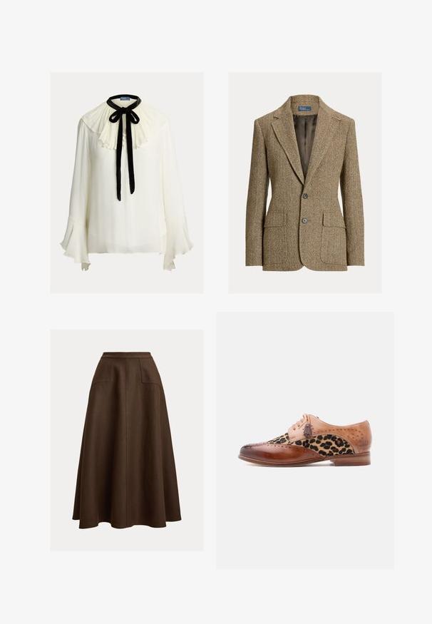 Bruine wollen blazer met visgraatmotief, reverskraag, twee voorste knopen, klepzakken en een donkere satijnen voering.; Witte blouse met een geplooide, gerimpelde kraag, zwarte fluwelen strik en drie knopen aan de voorkant. Uitlopende mouwen met een doorschijnende textuur.; Bruine linnen rok in A-lijn met een hoge taille, voorzien van twee voorzakken en een gladde textuur, vallend onder de knie.; Bruine leren nette schoen met een paneel van luipaardprintstof, sierlijke perforaties, sierstrikaccenten en een lage houten hak.