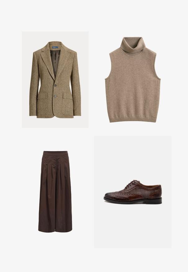 Blazer en laine marron motif chevrons avec col à revers, deux boutons devant, poches à rabat et doublure en satin foncé.; Gilet sans manches beige en maille avec col roulé et bord-côtes au niveau du col et de l'ourlet, en tissu doux.; Pantalon marron à jambes larges avec plis devant et taille ajustée, fabriqué en tissu léger, présenté sur fond blanc.; Chaussure habillée homme à bout golf en cuir marron avec détails brogue et panneaux latéraux en tissu à carreaux, vue de côté sur fond blanc.
