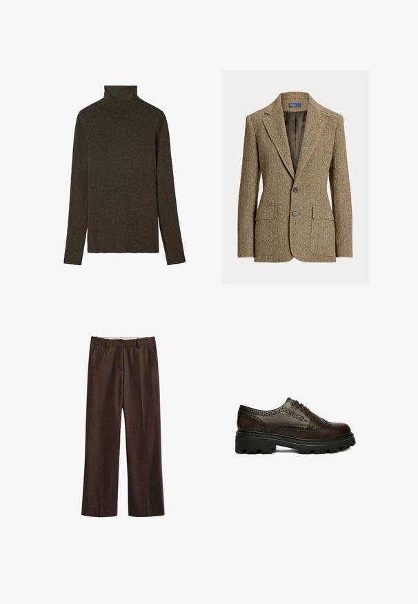 Blazer marrón de lana con espiga, cuello con solapa, dos botones delanteros, bolsillos con solapa y forro de satén oscuro.; Top de cuello alto marrón oscuro hecho de una tela suave y texturada. Presenta mangas largas y un diseño ajustado, con un escote liso.; Pantalones marrones de pierna recta con trabillas para cinturón, bolsillos laterales y cierre frontal oculto, mostrados sobre un fondo blanco.; Zapato brogue de cuero marrón oscuro con detalles perforados y suela gruesa negra con dibujo, visto de lado sobre fondo blanco.