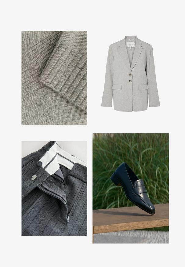 Blazer de lino gris claro con solapas con muesca, dos botones delanteros, bolsillos con solapa y un ajuste entallado.; Tejido de punto gris suave con textura acanalada, que presenta secciones superpuestas, una lisa y otra con un patrón diagonal.; Next PETITE FIT - STRIPED STRAIGHT - Pantalones - grey; Mocasín negro de cuero con tacón bajo equilibrándose en el borde de un banco de madera al aire libre con hierba alta y verde de fondo.