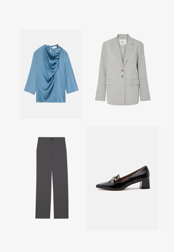 Blazer en lin gris clair avec col à revers crantés, deux boutons sur le devant, poches à rabat et coupe cintrée.; Blouse en satin bleu avec un devant drapé, un col rond et des manches trois-quarts. Texture lisse avec un léger éclat et un détail en trou de serrure au dos.; Pantalons gris avec une coupe droite, comprenant deux poches latérales et une fermeture à bouton. Tissu lisse sans motifs ni accents visibles.; Mocassin en cuir verni noir à petit talon bloc, détail chaîne dorée sur le dessus, bout pointu et doublure intérieure marron.