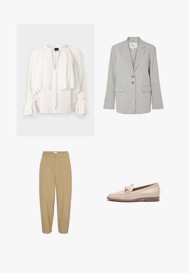 Blazer en lin gris clair avec col à revers crantés, deux boutons sur le devant, poches à rabat et coupe cintrée.; Blouse blanche avec un design plissé, en V, et un devant superposé. Présente des manches longues bouffantes avec des poignets froncés et un détail de lien à pompon.; Pantalon kaki à coupe ajustée, avec une taille haute, deux pinces à l'avant et des jambes fuselées ; tissu lisse sans motifs ni embellissements.; Mocassins en cuir beige avec un bout arrondi, une lanière décorative et un accent en métal doré. Semelle plate beige clair avec une semelle à crampons minimale.