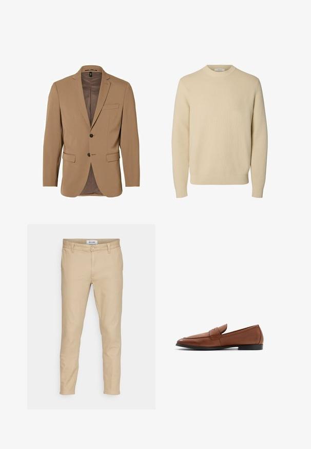 Blazer pour homme beige à simple boutonnage avec deux boutons noirs, revers crantés, poches à rabat et une poche poitrine passepoilée, doublé à l'intérieur.; Pull tricoté beige uni à col rond, manches longues avec poignets et bas côtelés.; Pantalons beiges en tissu à mélange de coton. Équipés d'une fermeture à bouton, de poches avant et d'une coupe slim avec une texture lisse.; Mocassins en cuir marron avec une silhouette basse, un bout rond et des détails en couture sur le devant. Semelle noire solide avec une finition lisse.