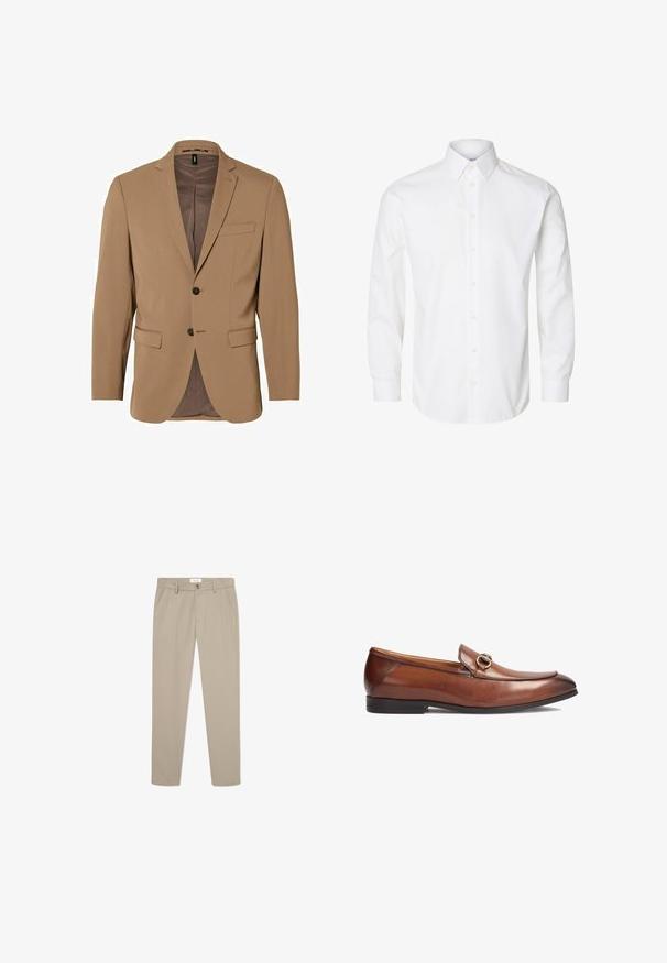 Mænds tan enkeltstående blazer med to sorte knapper, klaplapper, klaplommer og en brystlomme, foret indvendigt.; Hvid skjorte med lange ærmer, knapper foran, spids krave og knappede manchetter.; Beige skræddersyede bukser lavet af et glat stof. Har forlommer, en knaplukning og et slankt, lige ben-design.; Brune læder loafers med rund tå, syningsdetaljer og en dekorativ metalspændeaccent foran. Gummisol.