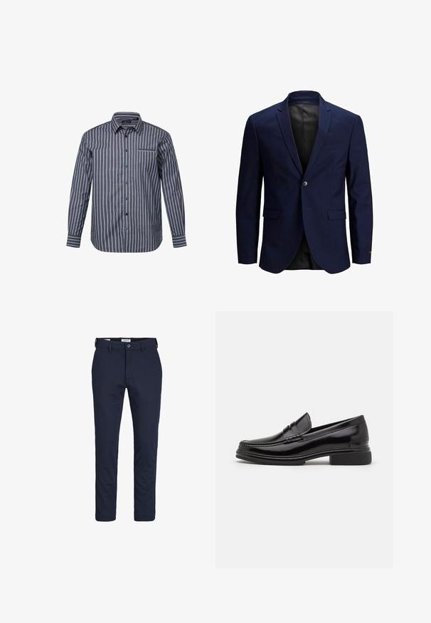 Mørkeblå blazer med en enkelt knaplukning, notchede klapper, to forlommer og en glat inderside. Klassisk skræddersyet design.; Stribet skjorte i mørkeblå med lyserøde og hvide lodrette striber. Den har lange ærmer, krave og en brystlomme.; Mørkeblå bukser lavet af glat stof, med knaplukning, bæltestropper og en skræddersyet pasform med lige ben.; Sorte læder loafers med en rund tå, der har en syet detalje over vristen og en lav blokhæl. Glat tekstur og blank finish.