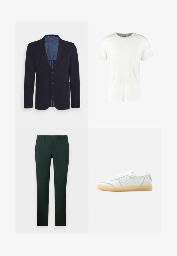 Marineblazer med en struktureret design, to forlommer og to knapper. Indvendigt prydes den af et mønstret blåt foer.; Hvid kortærmet t-shirt med rund hals, lavet af letvægtsstof. Har en tekstureret overflade og en afslappet pasform. Ingen synlige mønstre eller accenter.; Mørkegrønne bukser med en lige ben-design, lavet af et glat stof. Har en flad front og standard talje med bæltesløjfer.; Hvid lavtop læder sneaker med beige gennemsigtig sål, snørelukning foran og minimal syning, vist fra siden mod en ensfarvet baggrund.