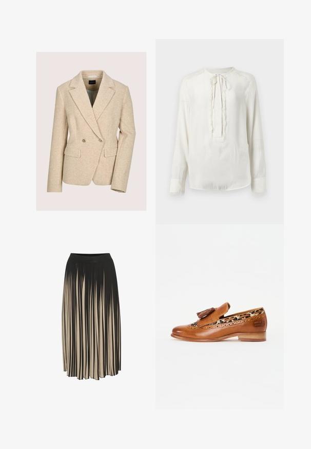 Beige double-breasted blazer gemaakt van gestructureerde visgraatstof. Heeft revers met inkeping, twee voorzakken en goudkleurige knopen.; Witte blouse met lange mouwen, een ronde halslijn en striksluiting. Bevat een getextureerde afwerking langs de voorkant en manchetten. Soepele stofafwerking.; Plissé midi rok in zwart en beige met een hoge elastische tailleband, voorzien van verticale strepen en een vloeiende stijl voor beweging.; Tan leren instappers met decoratieve kwastjes en brogue-details. Heeft een voering van luipaardprint en een lage houten hak.