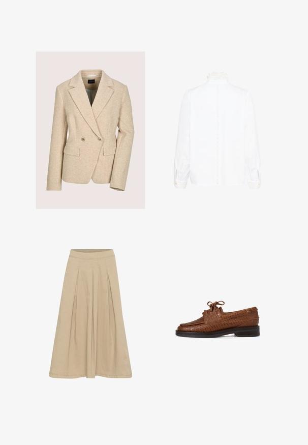 Beige double-breasted blazer gemaakt van gestructureerde visgraatstof. Heeft revers met inkeping, twee voorzakken en goudkleurige knopen.; Witte blouse met lange mouwen, voorzien van een kanten hoge kraag en manchetten, met een verticale kanten bies langs de achterkant in het midden.; Beige geplooide rok met een gladde textuur, knielange pasvorm en een aansluitende tailleband. Gemaakt van lichte stof met subtiele stikdetails.; Bruine leren herenschoenen met veters, voorzien van een gestructureerd slangenhuidpatroon en donkere zool, zijaanzicht op witte achtergrond.